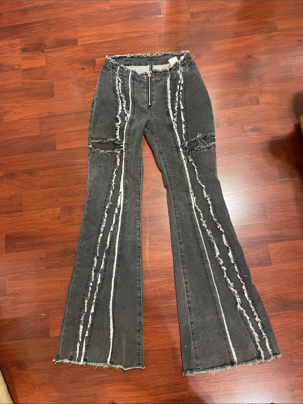 SHEIN Black Distressed Flare Jeans with White Frayed Seams